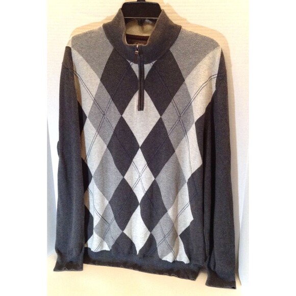 Tassa Elba Argyle Sweater Men L Gray 1/4 Zip Pullover Preppy Grandpa Winter Cozy - Picture 3 of 11
